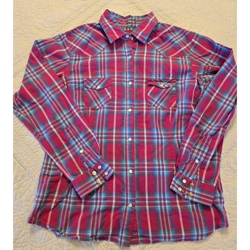 Panhandle Slim Womens Juniors Large Pink Blue Plaid Pearl Snap Western Shirt L